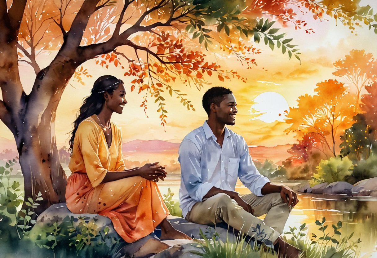 A serene scene depicting two diverse individuals engaged in a deep and meaningful conversation at sunset, surrounded by nature. Emphasize their genuine smiles and the warm glow of the fading sun, evoking a sense of connection and passion. Include soft, flowing elements like leaves gently swaying in the breeze to symbolize emotional balance. watercolor painting. warm colors. ethereal atmosphere.