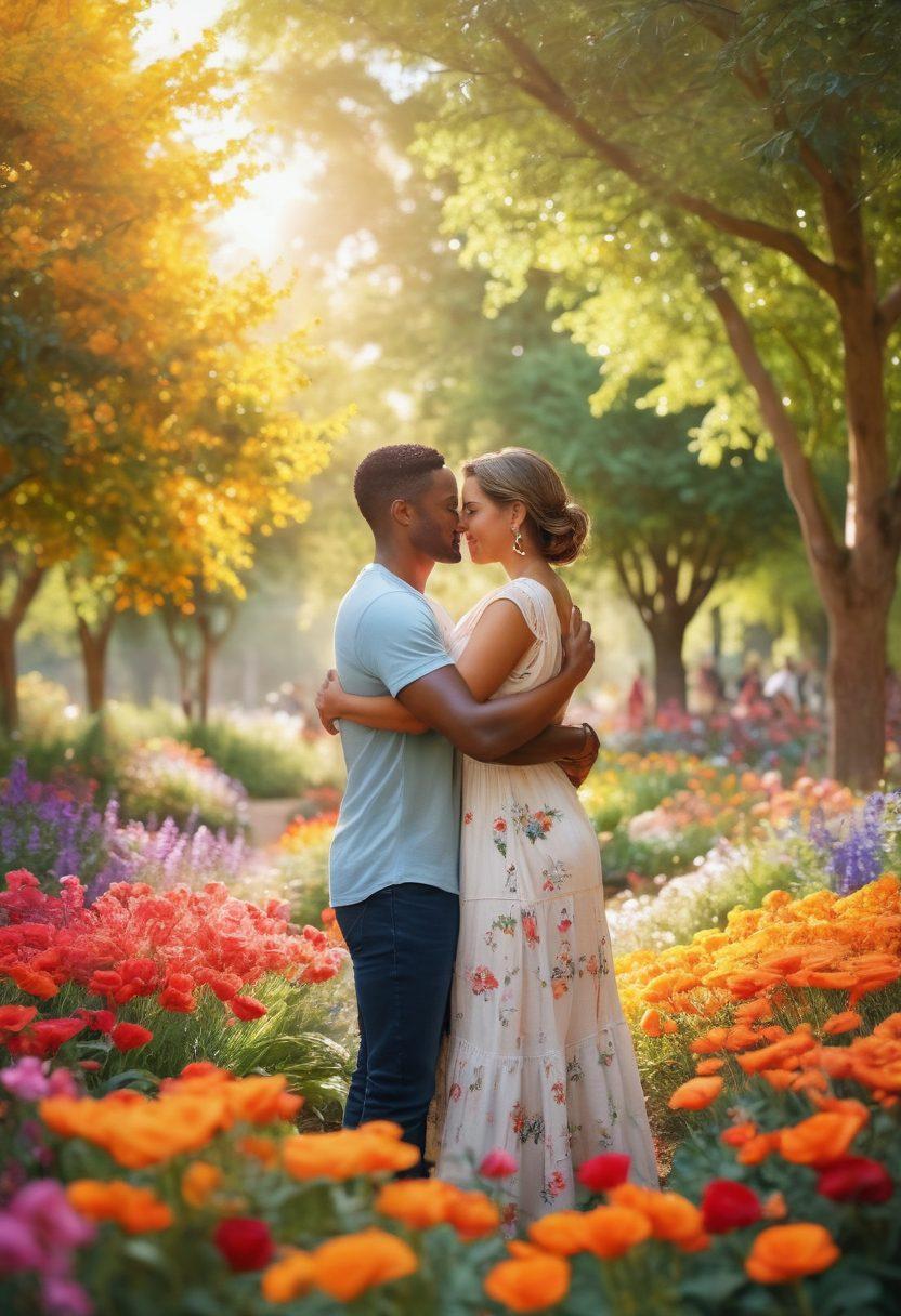 A serene landscape featuring a couple in a warm embrace, surrounded by vibrant flowers symbolizing love and positivity. In the background, a diverse group of people coming together for a community event, promoting change and unity. Soft sunshine filtering through the trees adds to the hopeful atmosphere. The overall composition radiates warmth, connection, and advocacy. super-realistic. vibrant colors. 3D.